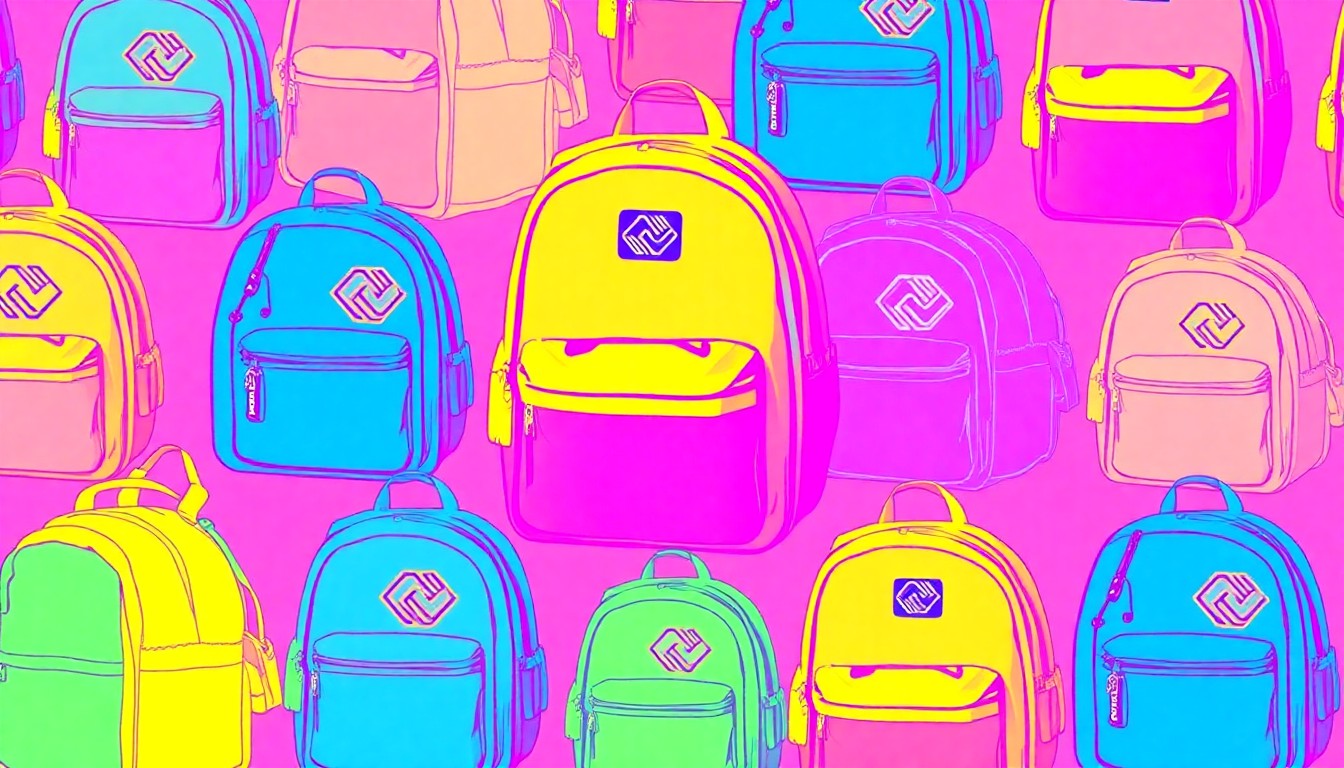 A bold, abstract silkscreen illustration featuring a repeated pattern of a neon-colored Boys & Girls Club backpack or sports equipment, conceptually representing the club's vibrant and essential role in the Riverton community.