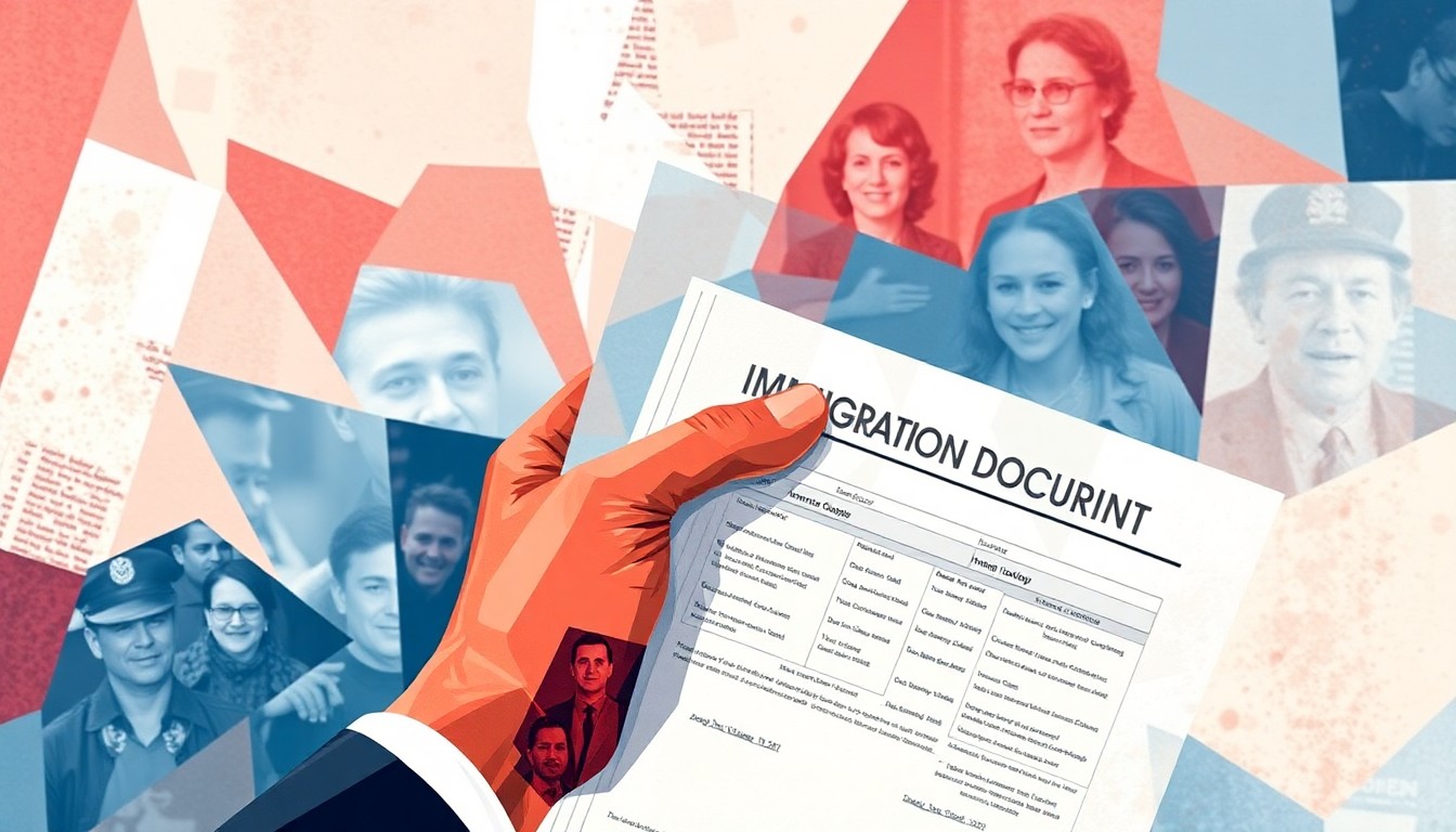 A dynamic, abstract painting of a hand holding immigration documents, with the image fractured and repeated in overlapping geometric shapes in patriotic colors, conveying the complex and contested nature of the political debate around extending protections for Haitian migrants.