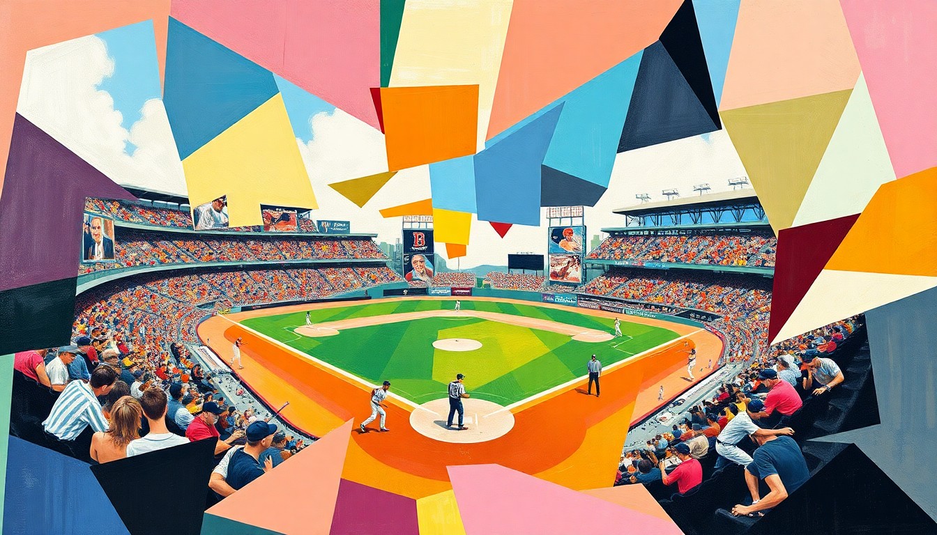 A cubist, geometric painting depicting the dynamic action of a baseball game, with sharp, overlapping planes of color representing the energy and movement of the sport.