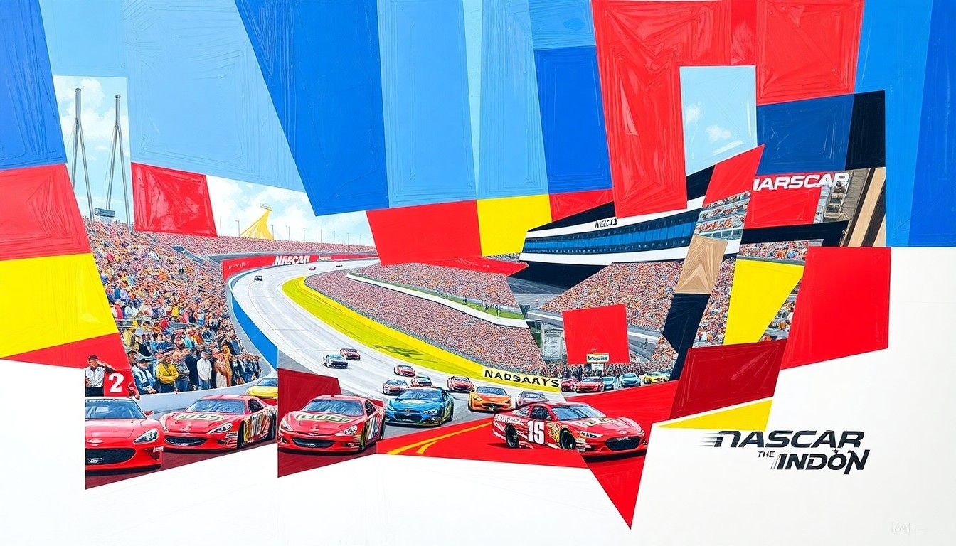A fractured, cubist-style painting depicting the chaotic energy and motion of a NASCAR race at Kansas Speedway, with sharp geometric shapes and planes of color representing the cars, track, and surrounding environment.