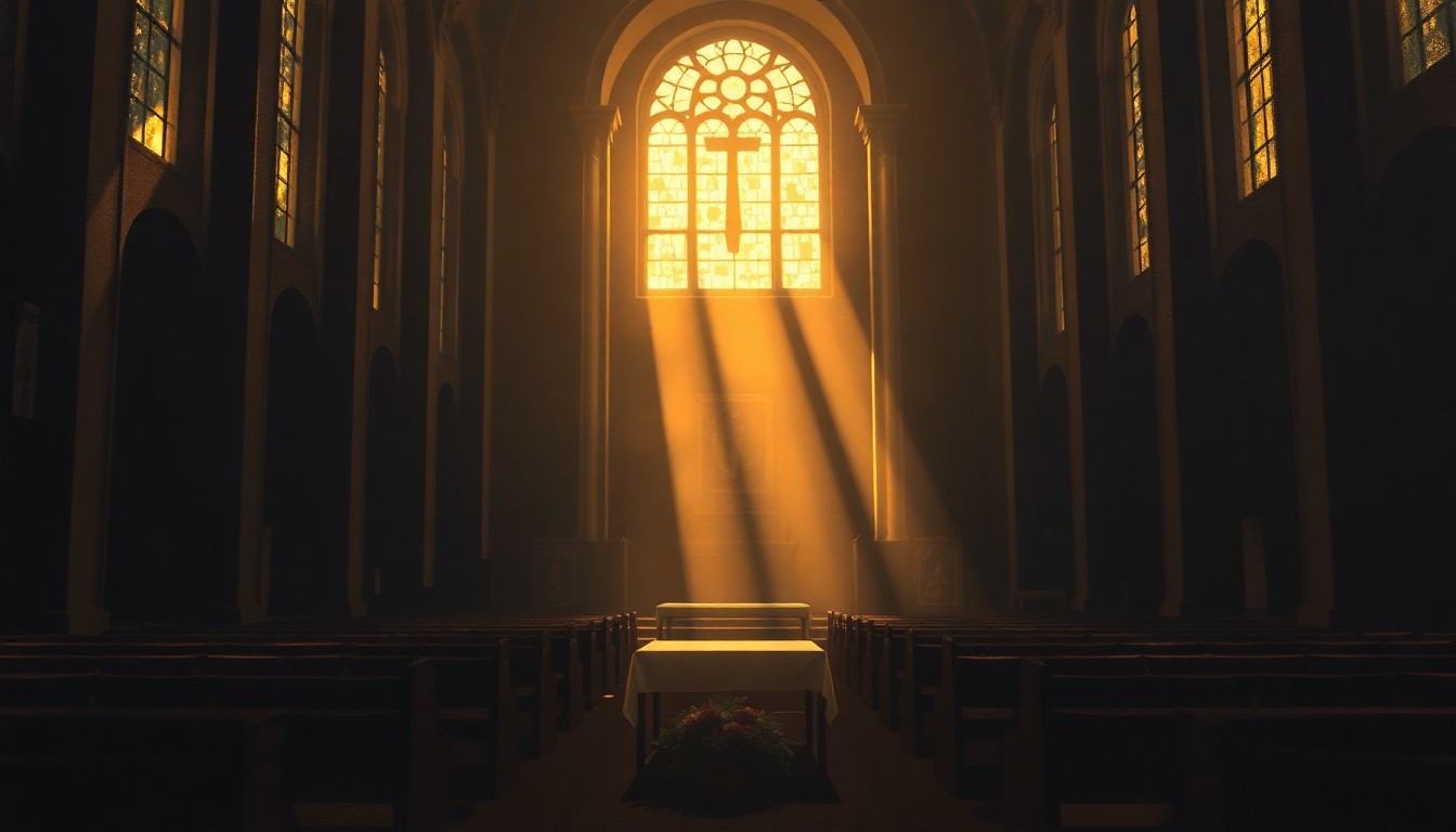 A serene, sunlit interior of a Catholic church, with pews and architectural details rendered in muted tones, conveying a sense of contemplation and the weight of history.
