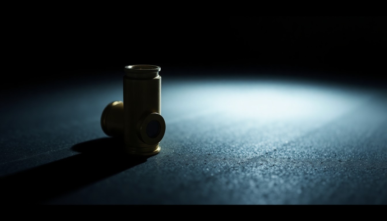 An extreme close-up photograph of a single bullet casing on a dark surface, lit by a harsh, direct camera flash, conceptually representing the evidence gathered in a criminal investigation.