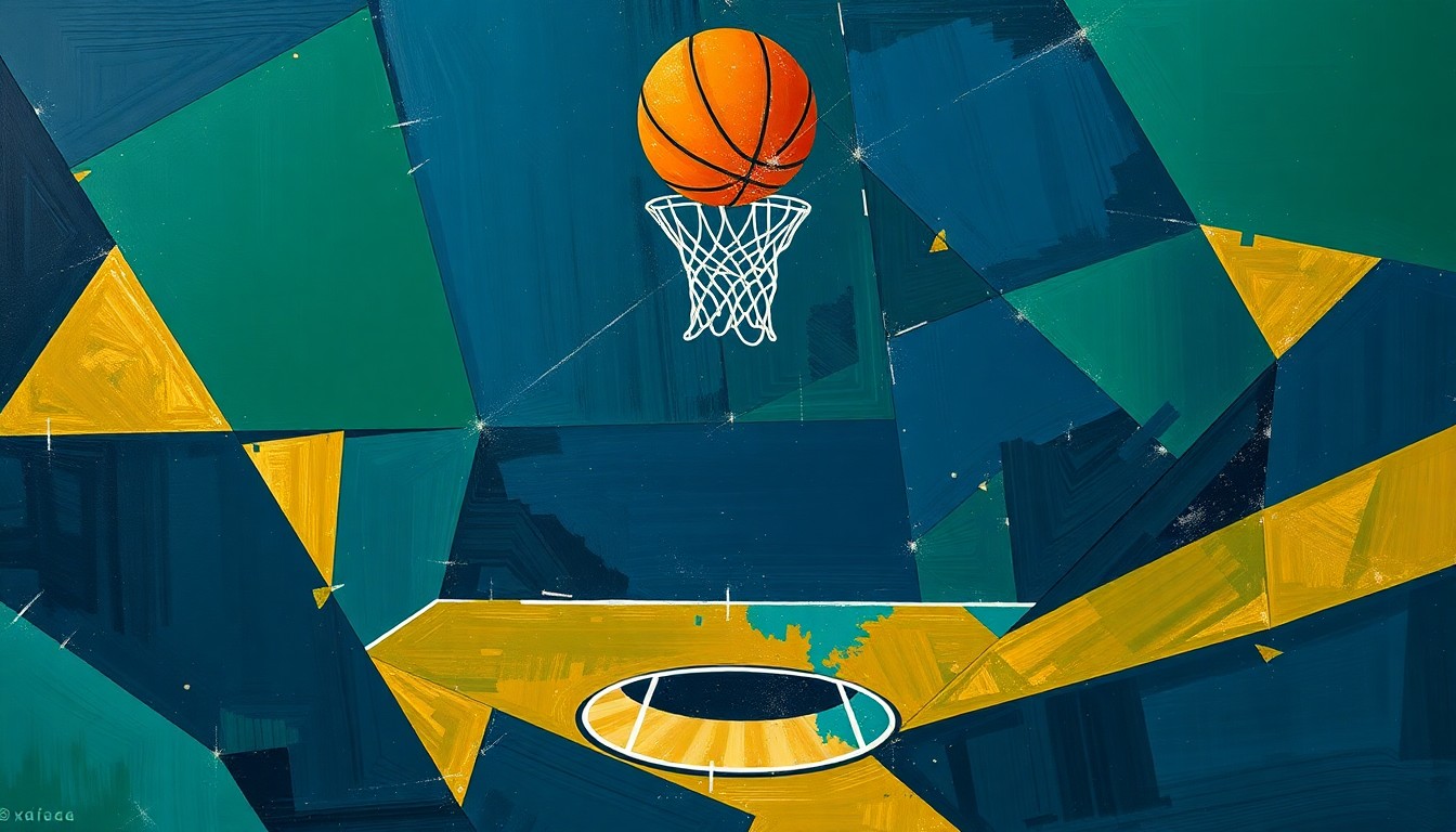 A cubist, geometric painting depicting a fragmented basketball game or match, with sharp, overlapping planes of navy blue, forest green, and gold representing the dynamic and uncertain nature of the Nets' rebuild.