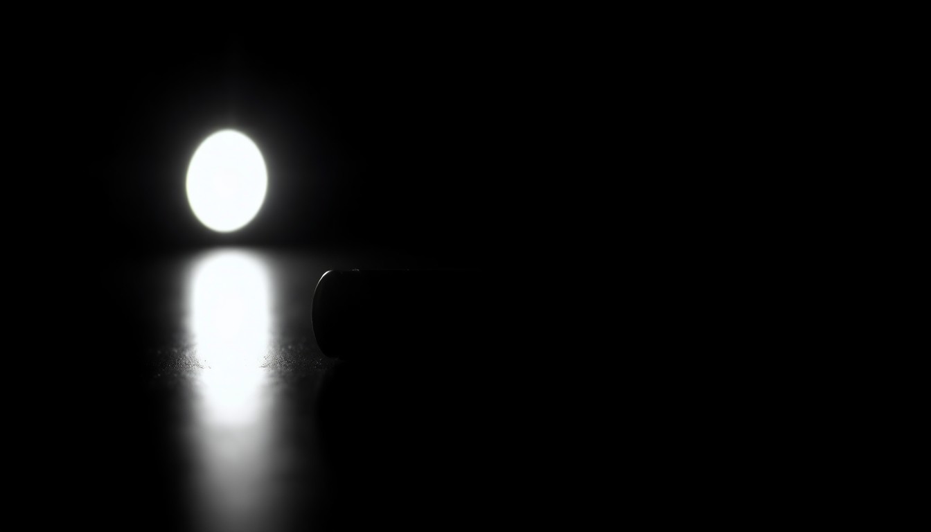An extreme close-up photograph of a bullet casing or other small crime scene evidence, lit by a harsh, direct camera flash against a pitch-black background, creating a stark, gritty, investigative aesthetic.