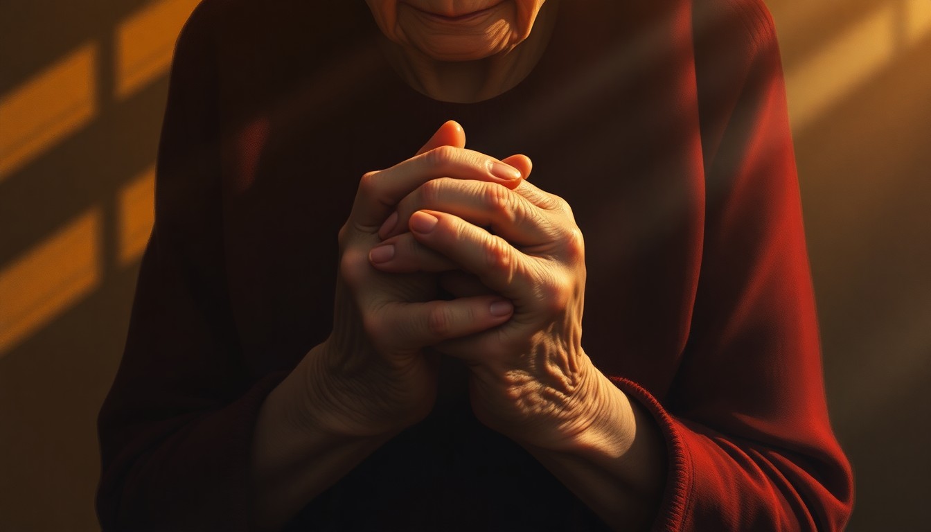 A close-up painting of an elderly woman's hands clasped together, the light and shadows creating a somber, contemplative mood that reflects the vulnerability of her situation.