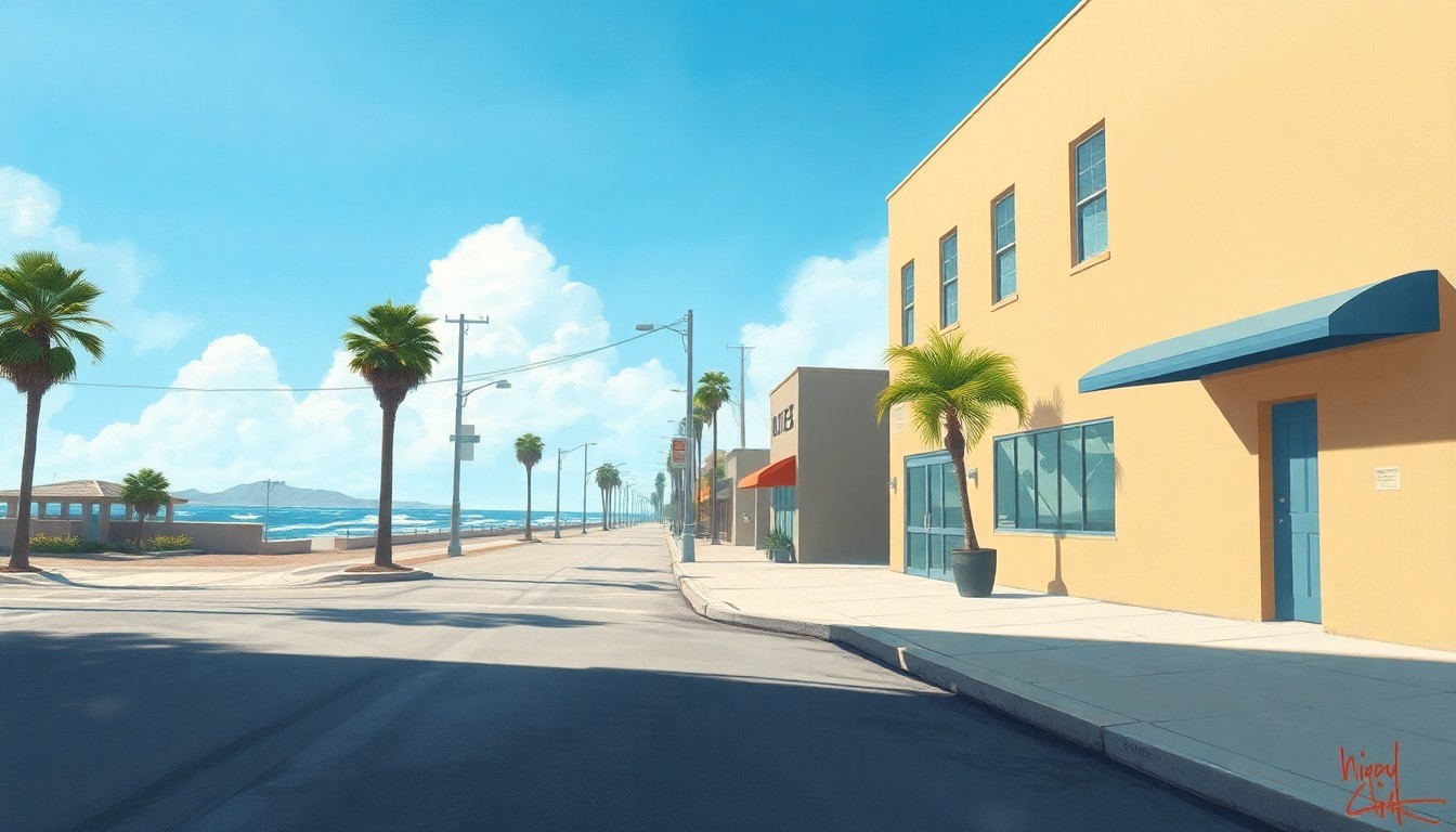 A serene, sun-dappled street corner in a small coastal town, with a sense of anticipation for future development and revitalization.