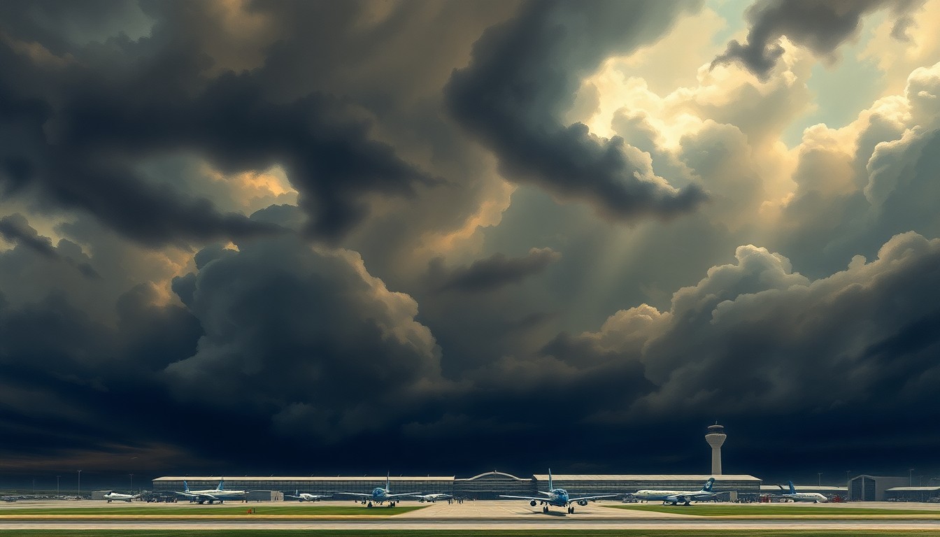 A sweeping, atmospheric landscape painting depicting a major airport dwarfed by a dramatic, stormy sky filled with heavy clouds and dramatic lighting, conveying the sublime scale of the natural forces disrupting air travel.