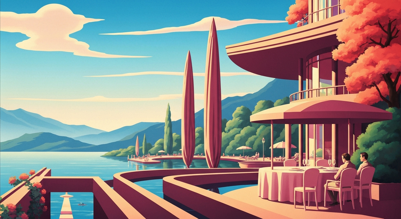 A bold, geometric illustration in the Art Deco style, depicting a towering, streamlined lakeside restaurant with sweeping views of the water, conveying the scale and elegance of the Pier W dining experience.