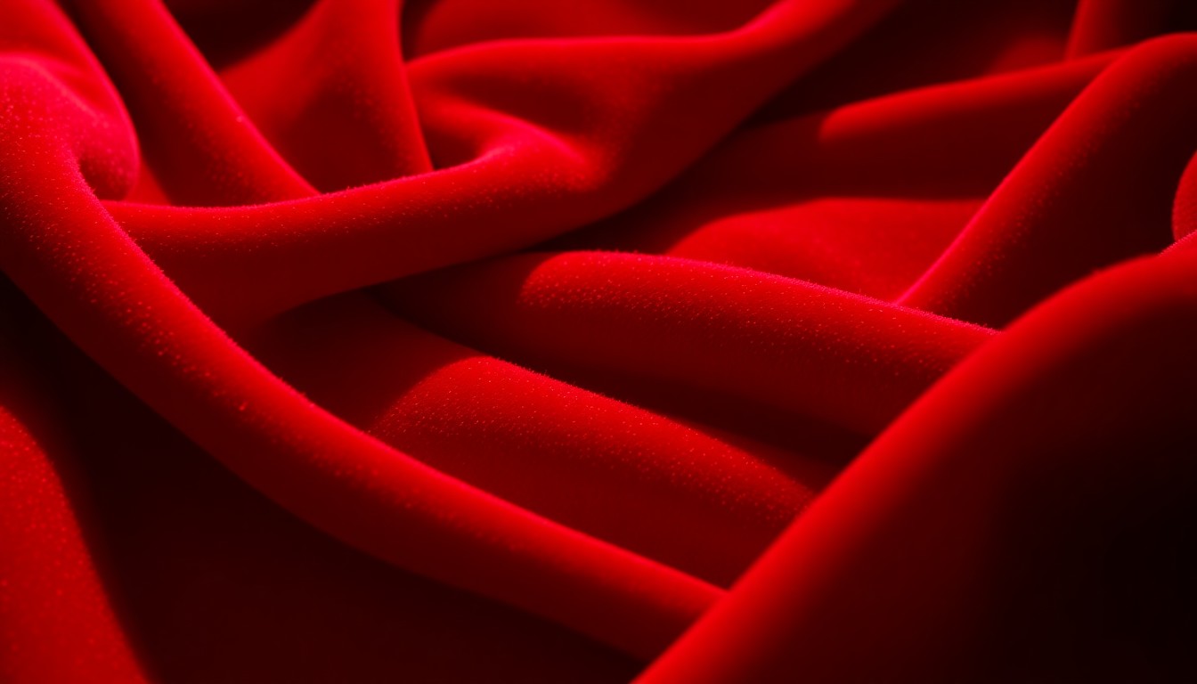 An extreme close-up photograph of rich, red velvet fabric captured in dramatic studio lighting, highlighting the luxurious, glamorous texture of Halston's iconic fashion designs.