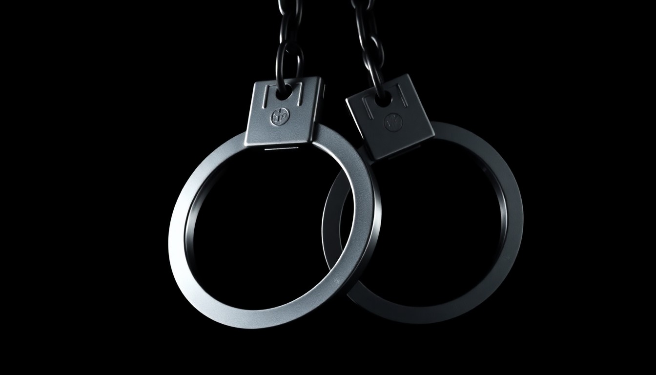 An extreme close-up photograph of a pair of handcuffs against a pitch-black background, lit by a harsh, direct camera flash, conceptually representing the investigation and apprehension of a dangerous criminal.