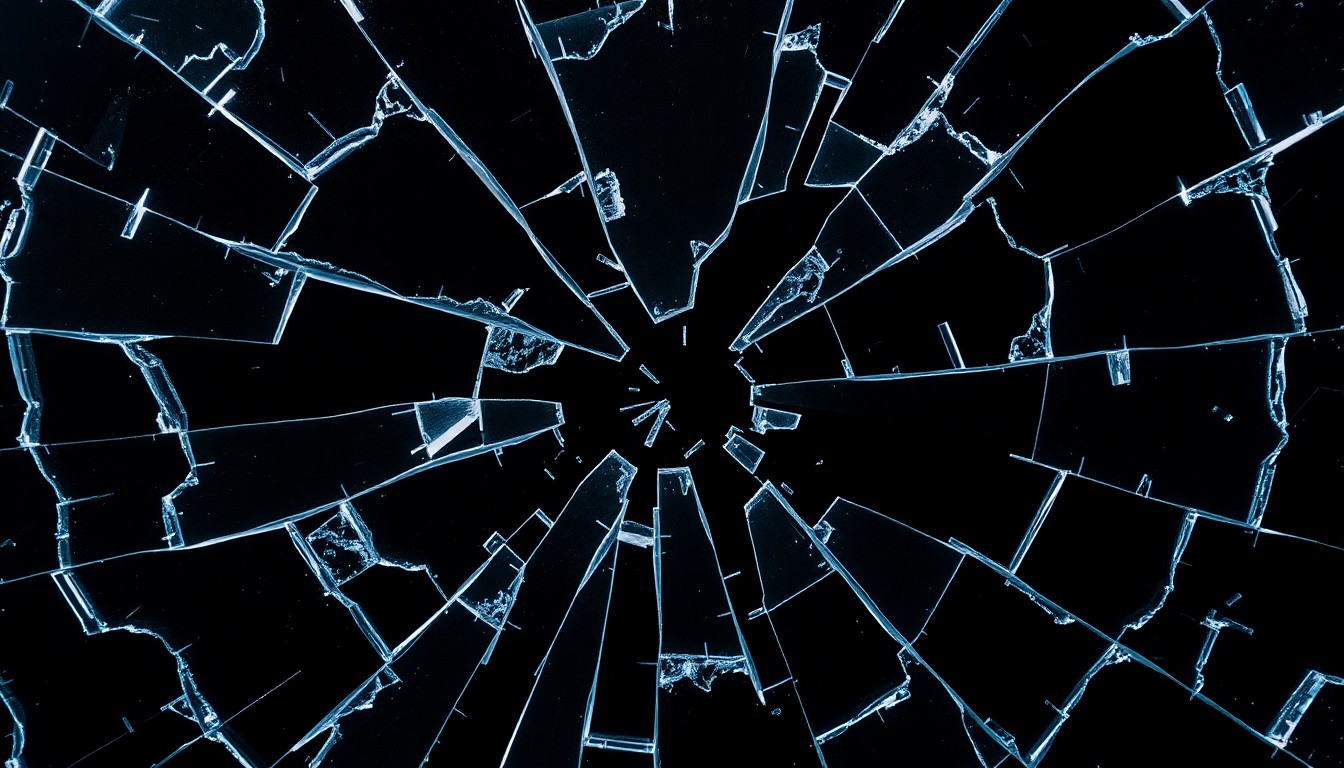 An extreme close-up photograph of shattered glass reflecting harsh studio lighting, conceptually representing the fragility and consequences of substance abuse in the influencer industry.