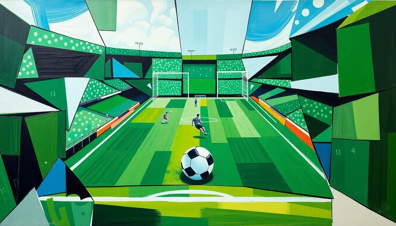 A fractured, multi-perspective painting depicting a soccer game or match, with the players and field broken down into sharp, overlapping geometric shapes in a palette of greens, blues, and whites, conceptually representing the expansion of the sports complex's capabilities.