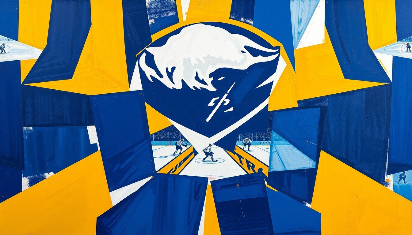 A fractured, cubist-style painting depicting the dynamic action of a hockey game, with players and the puck broken down into overlapping geometric shapes in shades of navy blue, gold, and white, capturing the excitement and energy of the Sabres' playoff return.