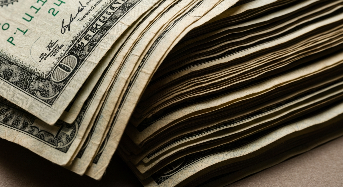 An extreme close-up of a stack of worn U.S. dollar bills, representing the tangible, physical nature of financial transactions and the real-world impact of tax policy changes.