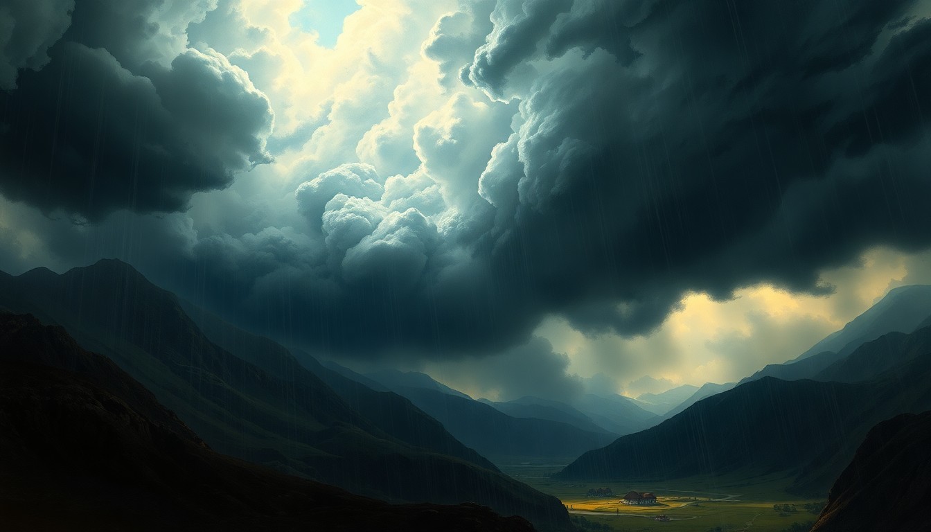 A vast, atmospheric landscape painting depicting a stormy weather system with dark clouds and heavy rain, dwarfing any physical structures or events taking place below.