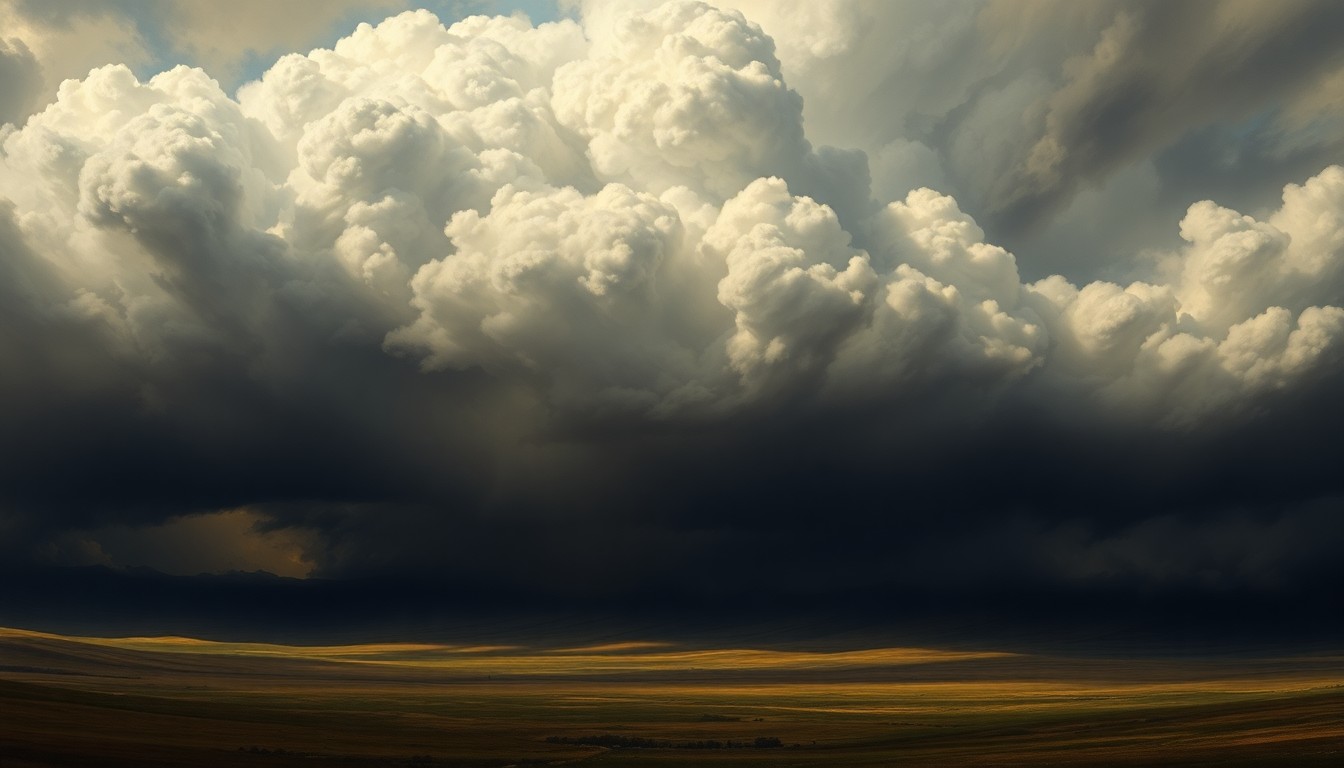 A sweeping, atmospheric landscape painting in muted tones of grey, blue, and gold, depicting an ominous storm system looming over a small town or rural area, with the natural elements dwarfing any visible man-made structures.
