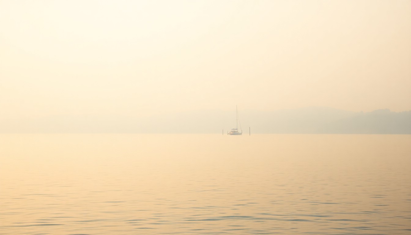 An extremely abstracted, out-of-focus photograph in warm, soft tones depicting the tranquil shoreline of a lake, with the faint silhouette of a private dock or boathouse in the distance, conceptually representing the peaceful, exclusive setting of this exceptional lakefront property.