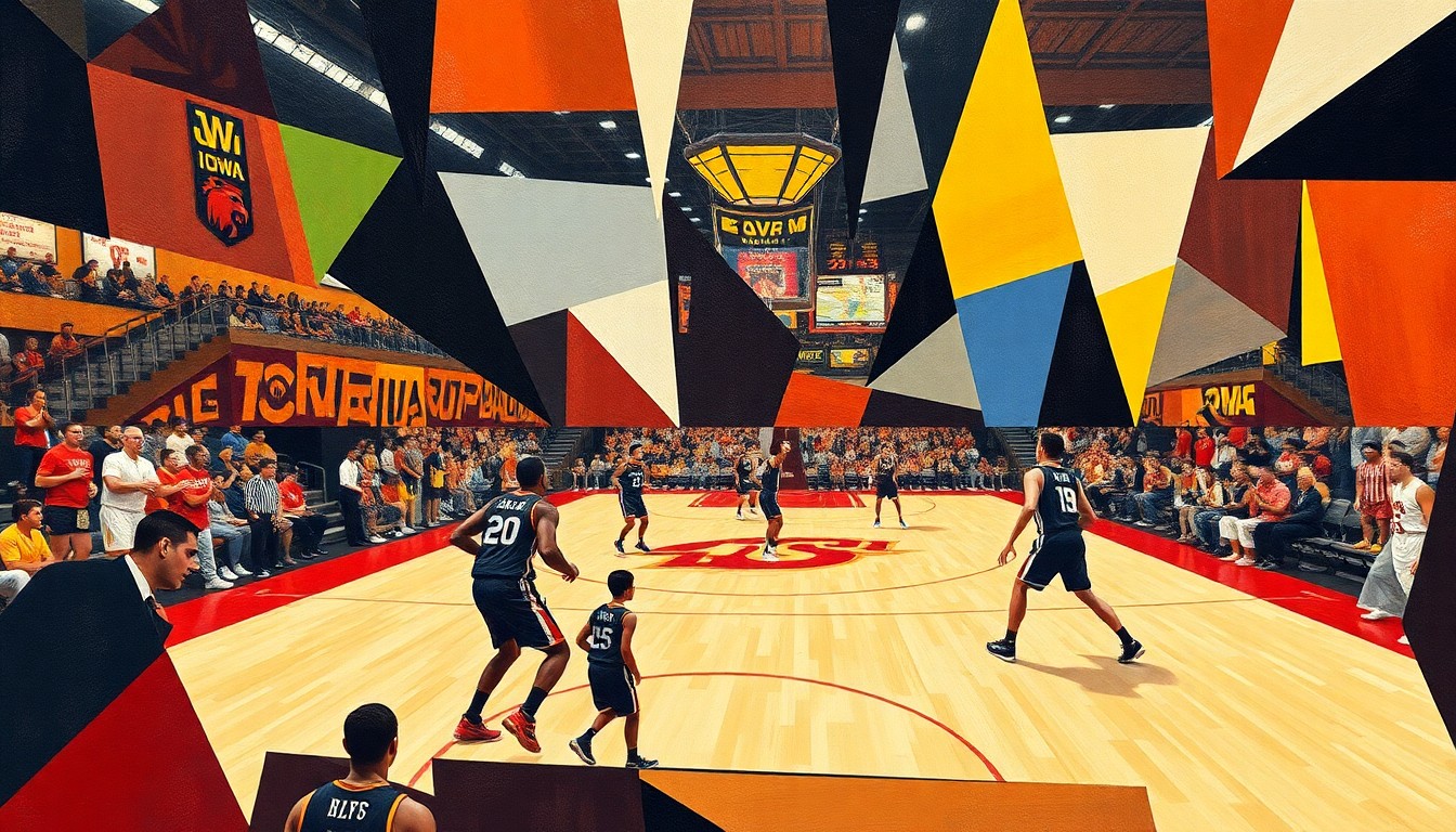 A cubist, geometric painting depicting a college basketball game, with the players' bodies and the court broken down into abstracted shapes and angles in the team colors of Iowa State and their opponents.