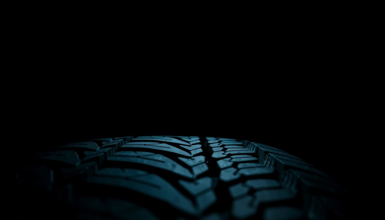 An extreme close-up photograph of a car tire tread, lit by a harsh, direct camera flash against a pitch-black background, conceptually representing the gritty investigation into illegal street racing activity.