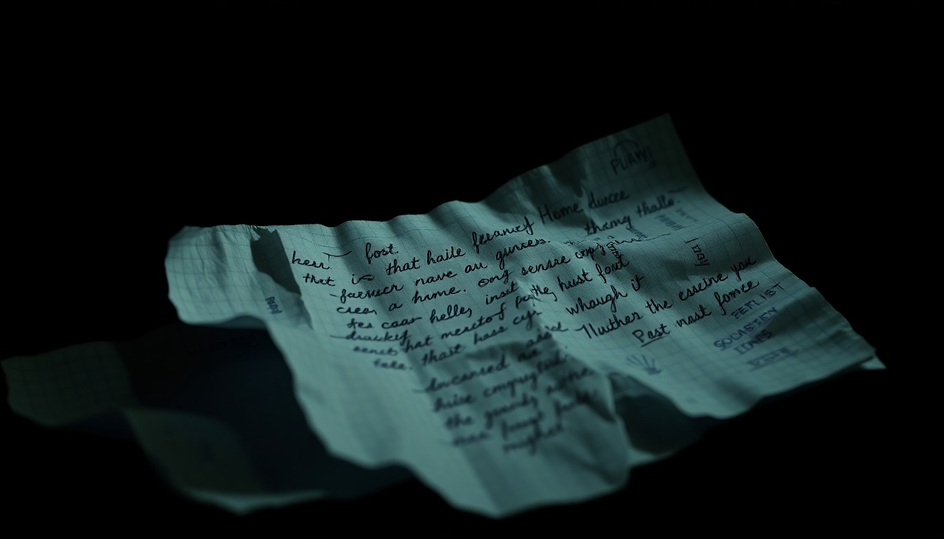 An extreme close-up of a crumpled piece of paper with handwritten notes, captured with harsh, direct lighting to create a stark, investigative aesthetic that conceptually represents the sensitive nature of a sexual assault investigation.