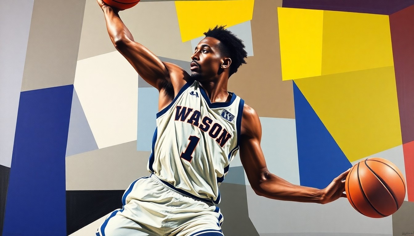 A fractured, geometric painting depicting a basketball player's movements and actions, with the player's jersey colors representing the University of Washington and Kentucky Wildcats.