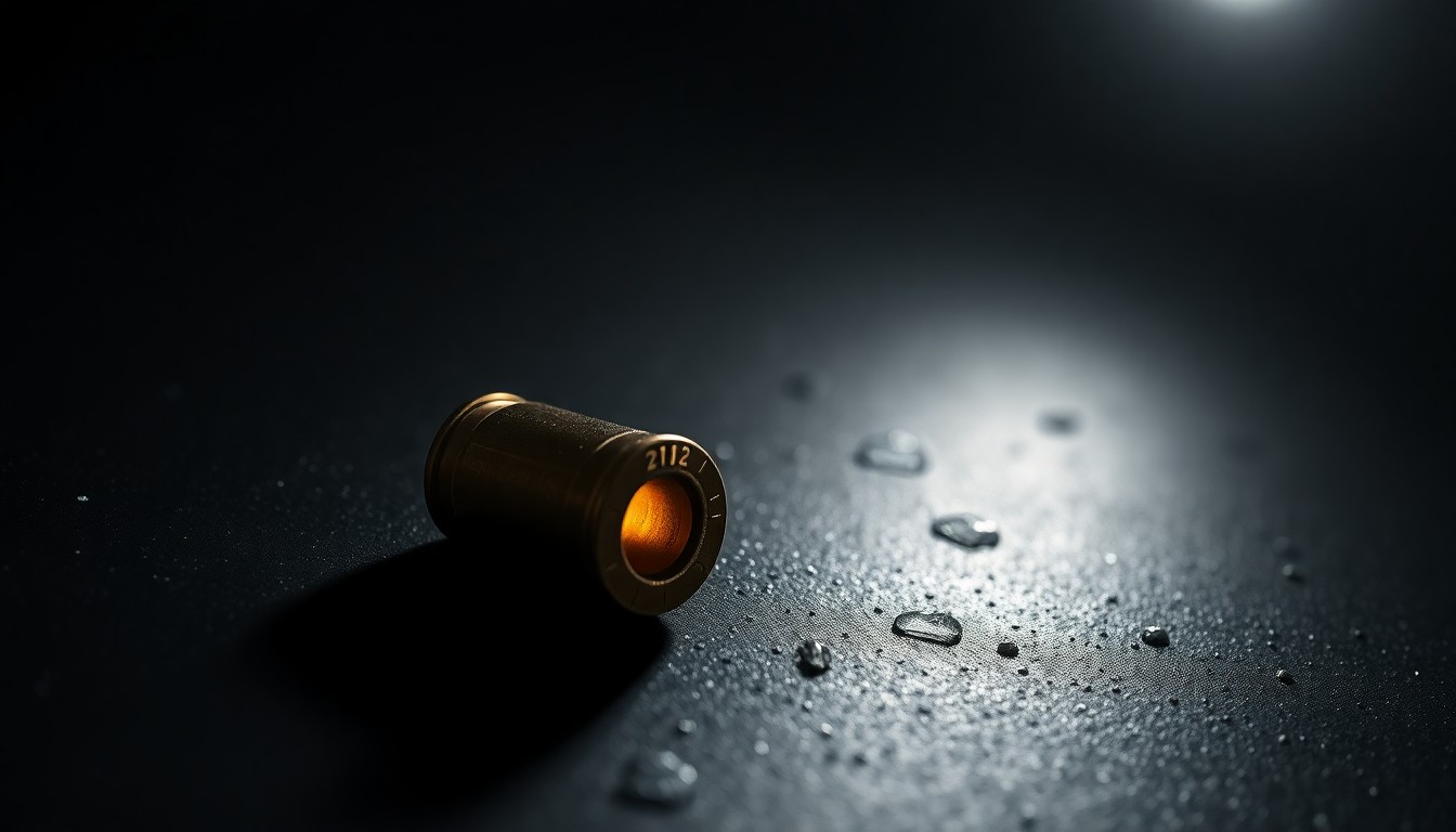 An extreme close-up of a spent 9mm bullet casing on a dark, textured surface, lit by a harsh, direct camera flash, conceptually representing the physical evidence of a violent crime.