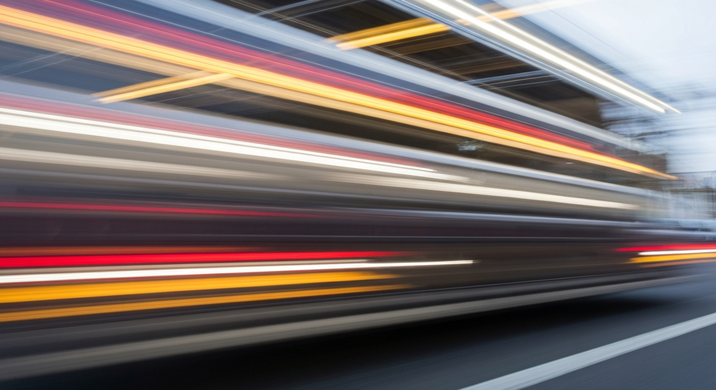 An abstract, colorful image of a moving vehicle on Highland Avenue, blurred into sweeping streaks of motion to convey the need for improved road safety in the community.