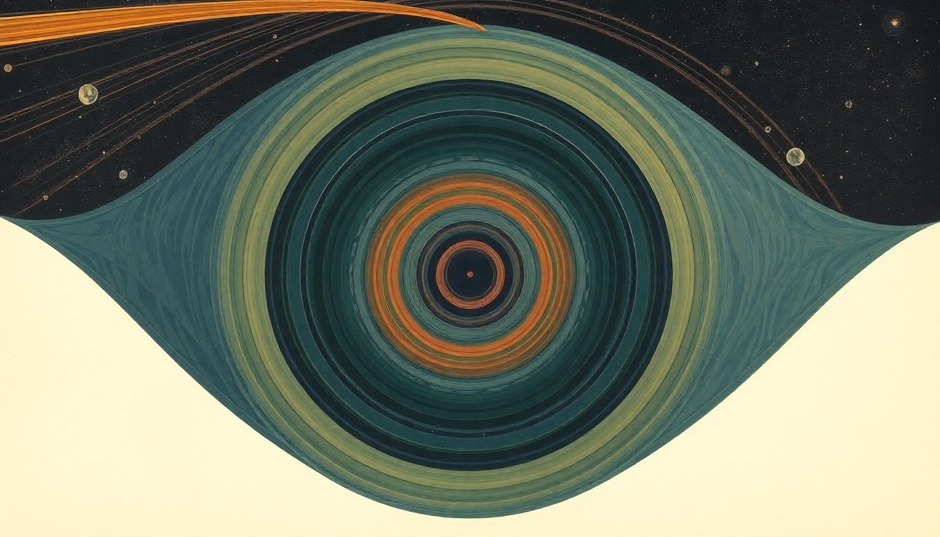 A bold, abstract painting in soft blues, greens, and reds depicting sweeping geometric arcs, concentric circles, and precise biological spirals, conceptually representing the complex forces of cosmic radiation and their impact on the human body during space travel.