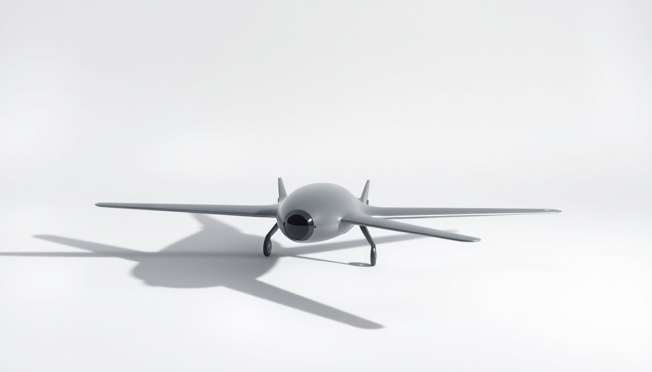 A highly detailed, photorealistic studio still life of a metallic model of an electric vertical take-off and landing (eVTOL) aircraft, floating on a clean, monochromatic background and dramatically lit to convey a sense of innovation and technological advancement.