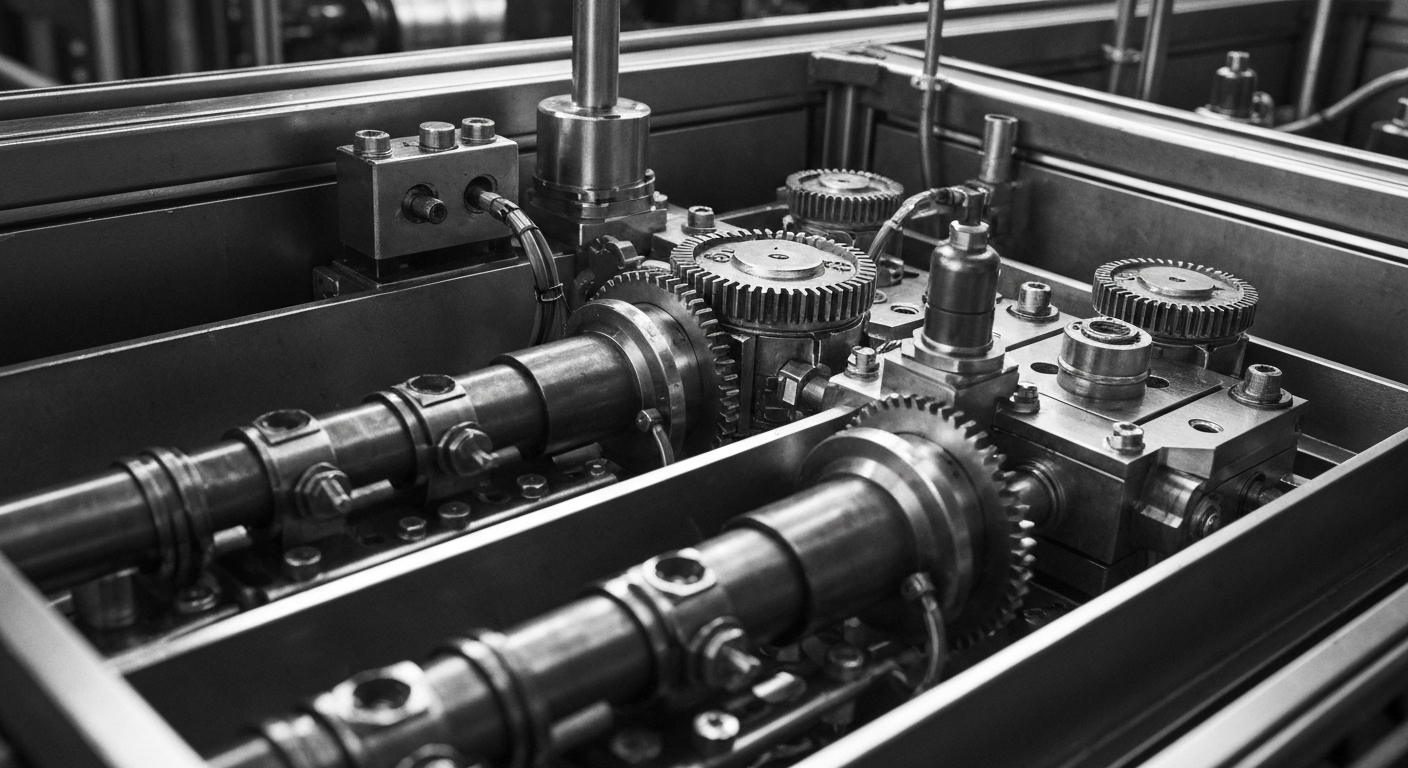 A high-contrast, black-and-white close-up image of the complex machinery and components that make up a Corning glass manufacturing plant, conveying the industrial power and precision of the company's operations.