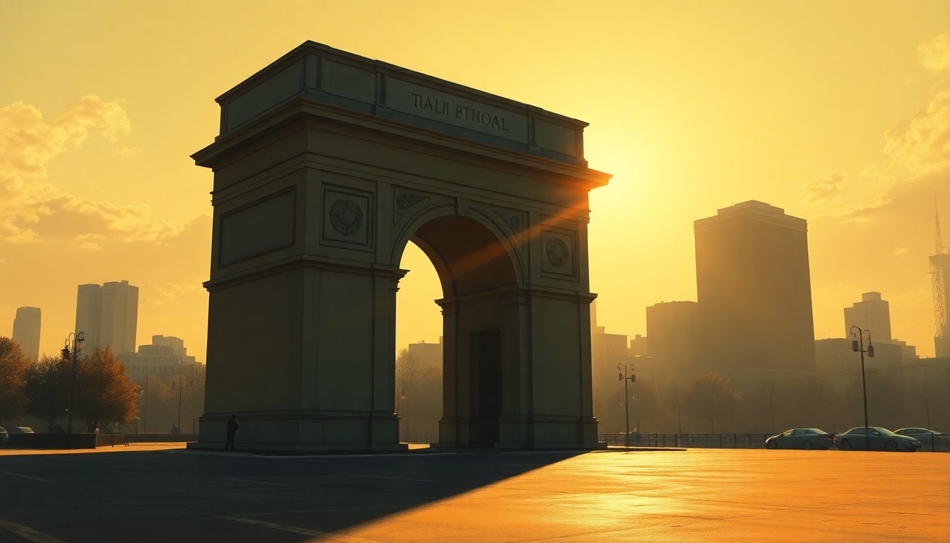 A serene, photorealistic painting depicting a grand triumphal arch structure standing alone in an urban setting, with the arch's ornate details and the surrounding cityscape bathed in warm, dramatic lighting, conveying a sense of timeless grandeur and national pride.