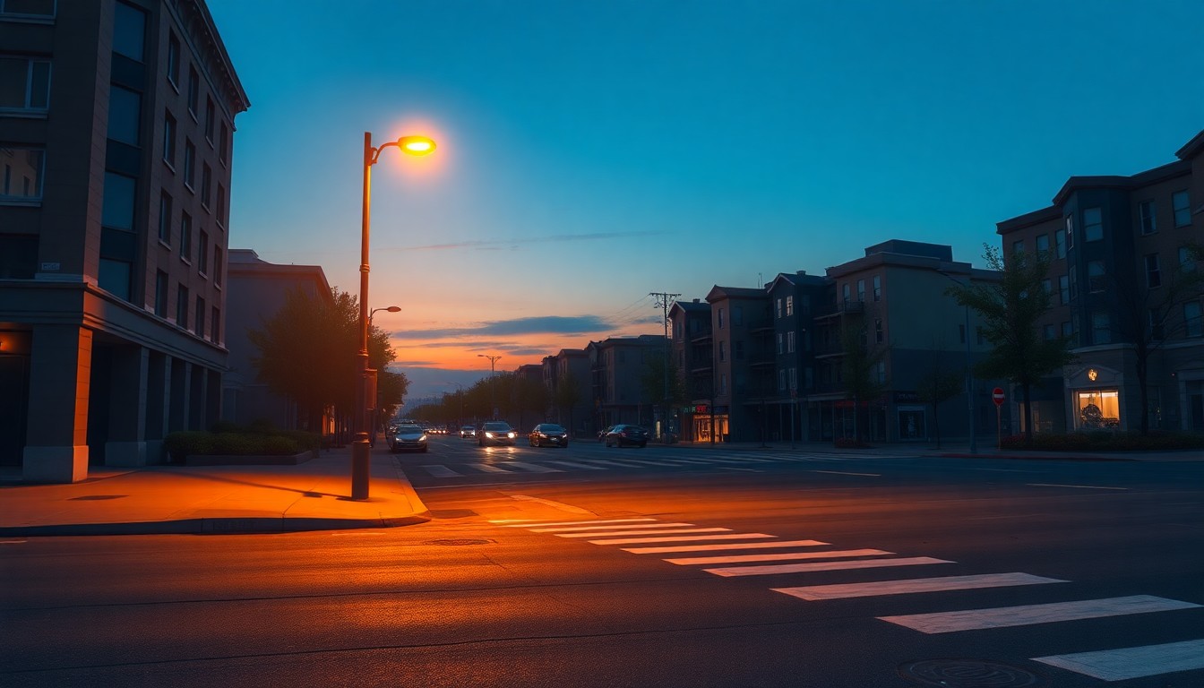 A dimly lit, cinematic street scene with warm, diagonal shadows across the pavement, conceptually representing the tensions and complexities surrounding the city's minimum wage policies.