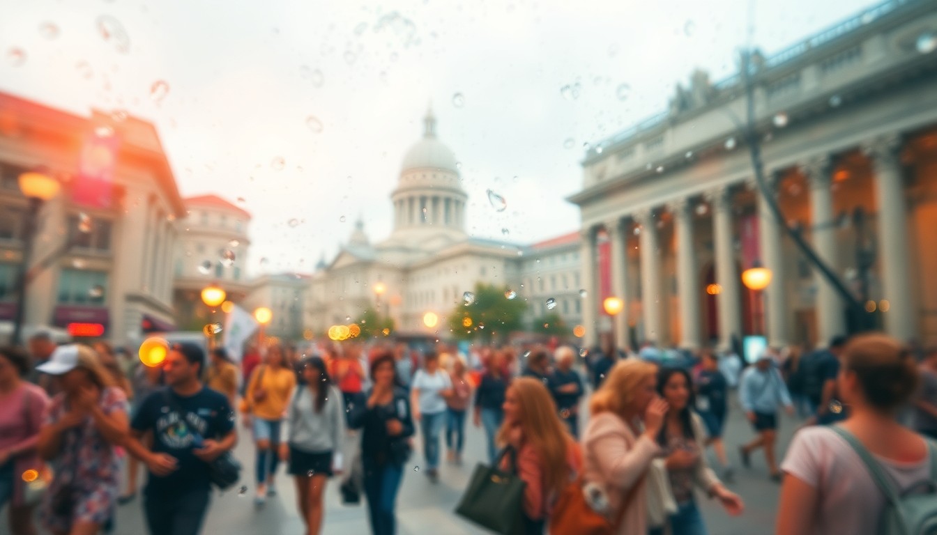 An abstract, dreamlike scene of people enjoying the Museum Mile Festival, with blurred outlines of the iconic museum buildings in the background, all captured in a soft, warm, and out-of-focus photographic style.