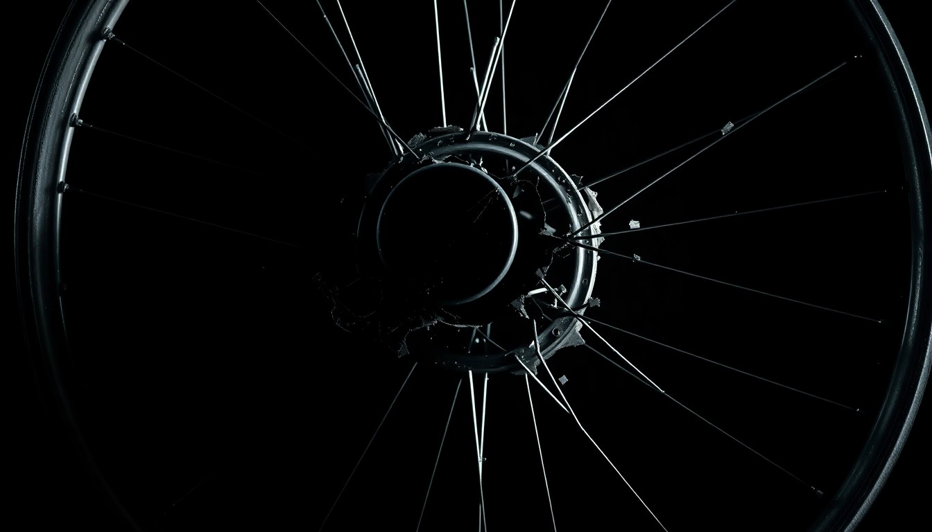 An extreme close-up photograph of a shattered wheelchair wheel hub against a pitch-black background, conveying the violence and tragedy of the event through the twisted metal and broken spokes.