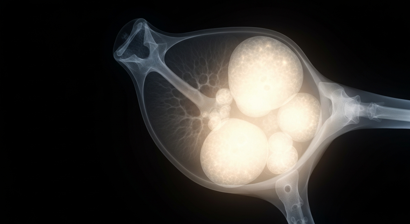 A ghostly, translucent X-ray image revealing the intricate internal structures of an ovarian tumor, conveying the scientific and medical advances driving the pipeline of new treatments for this challenging disease.