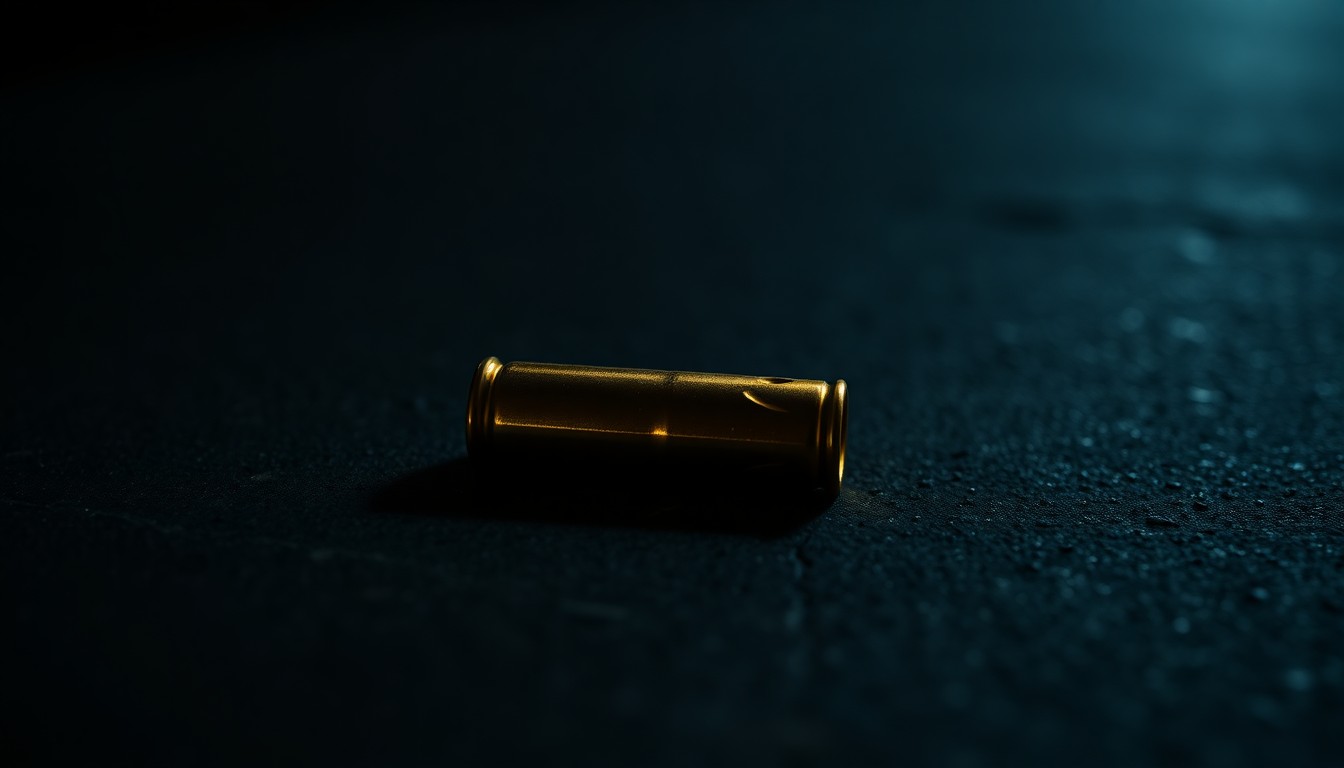 An extreme close-up photograph of a single 9mm shell casing on a dark concrete surface, lit by a harsh, direct camera flash, conceptually representing the physical evidence from a neighborhood shooting incident.