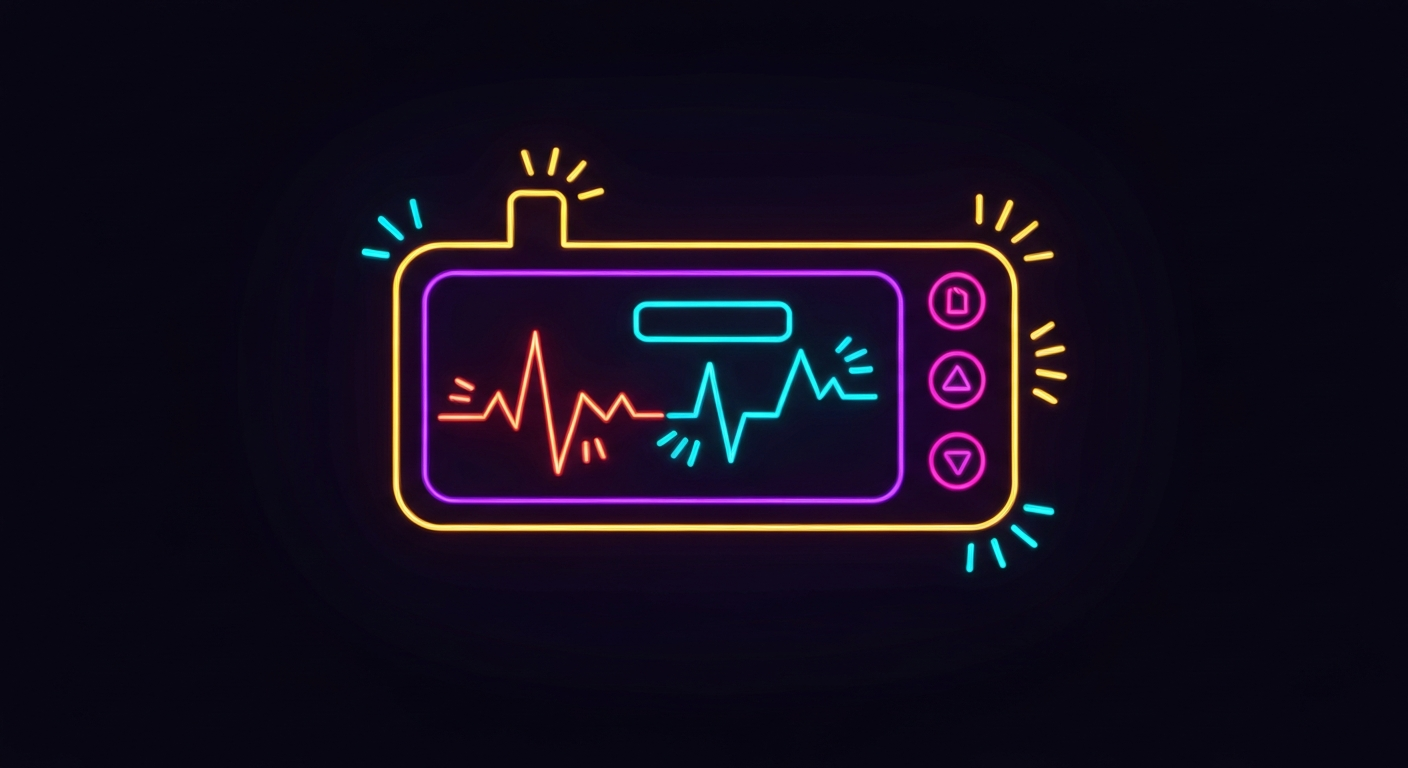 A glowing, neon-outlined heart monitor or other medical device against a dark background, conceptually representing the advanced capabilities of modern patient monitoring technologies.