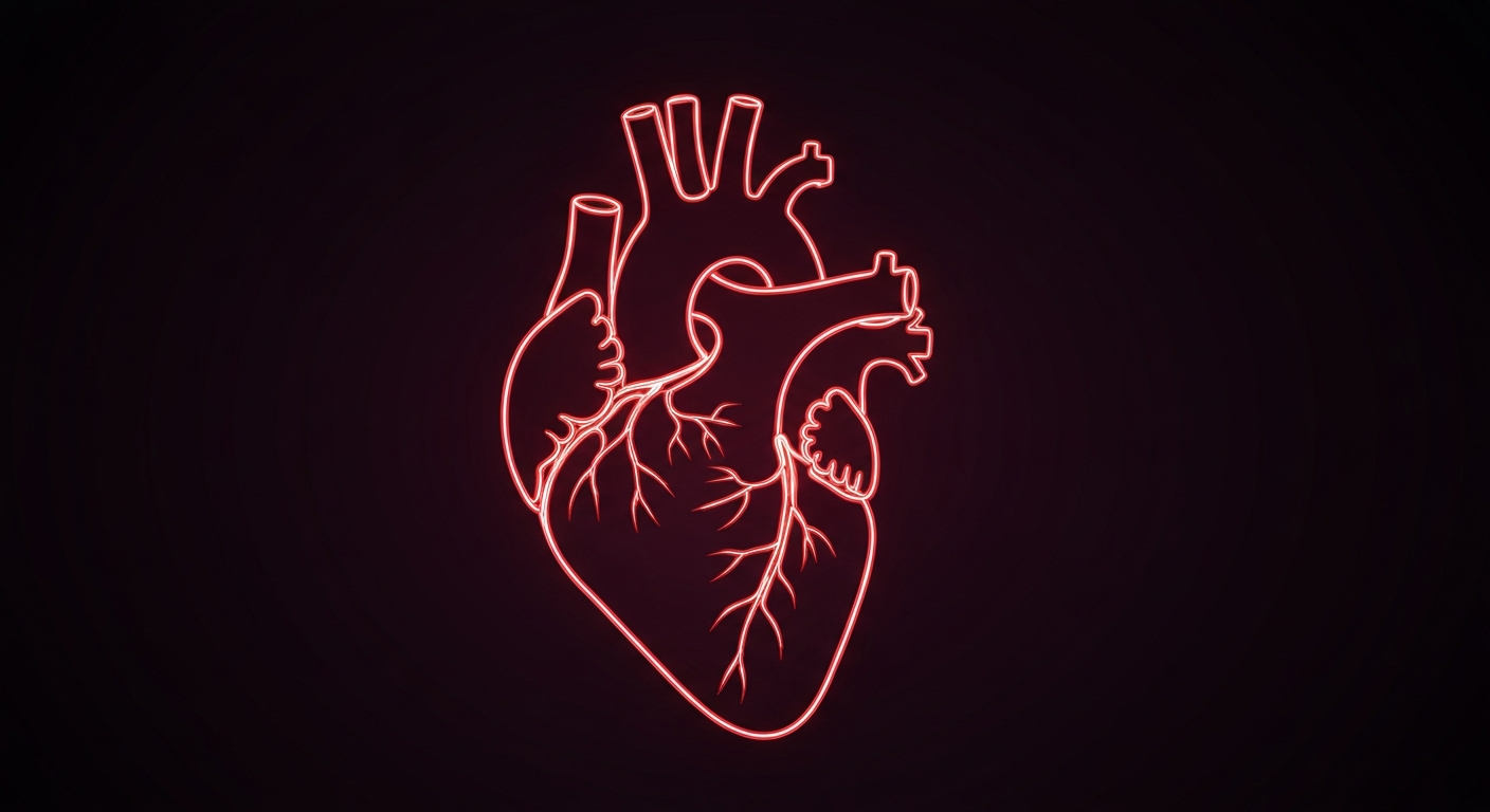 A vibrant, neon outline of a human heart glowing against a dark background, conveying the essential function of vascular closure devices in cardiac care.
