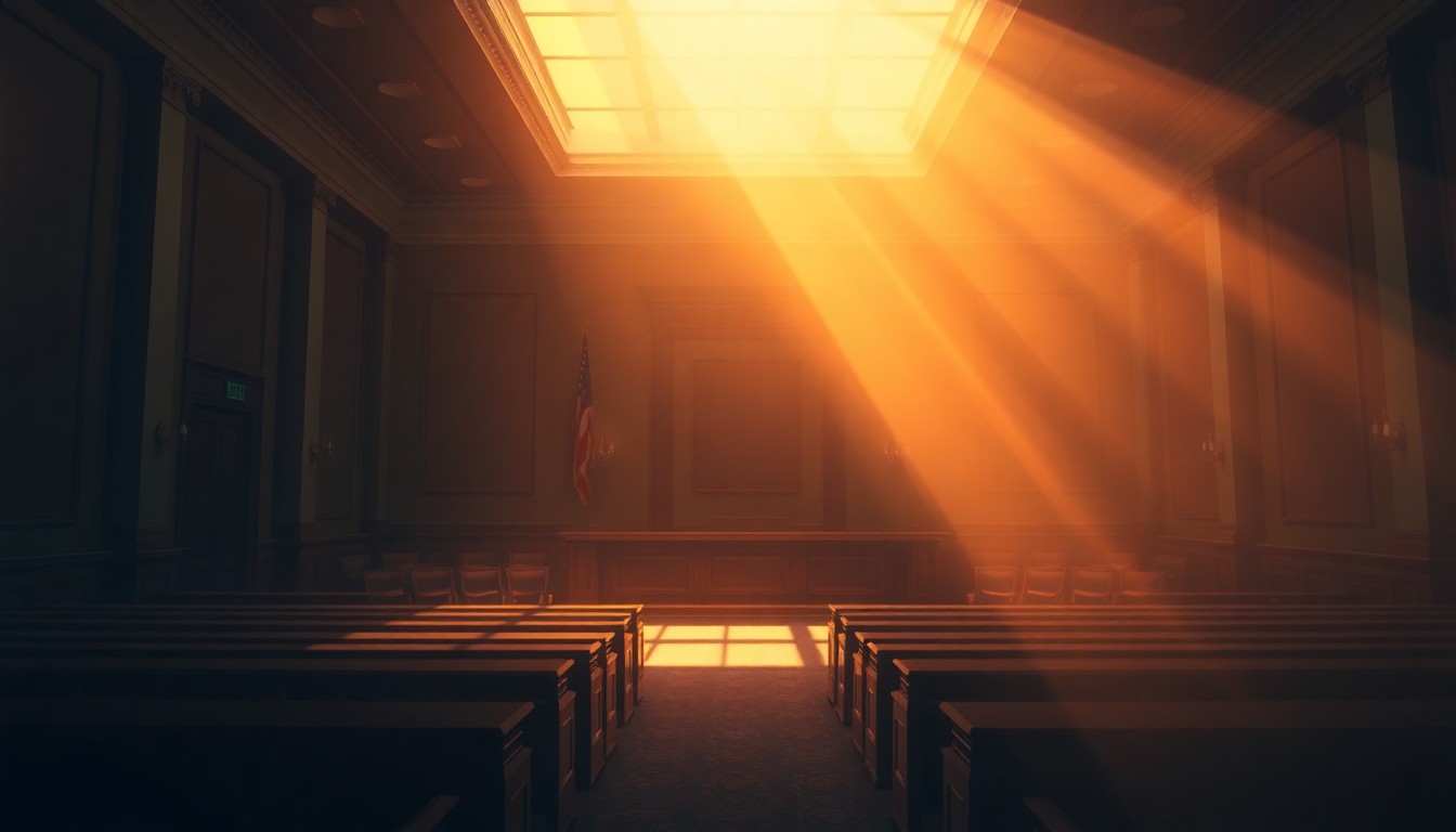 A dimly lit, cinematic painting of an empty city council chamber, with warm sunlight streaming in through tall windows and casting deep shadows across the ornate wooden furniture and paneled walls, conveying a sense of contemplation and civic responsibility.