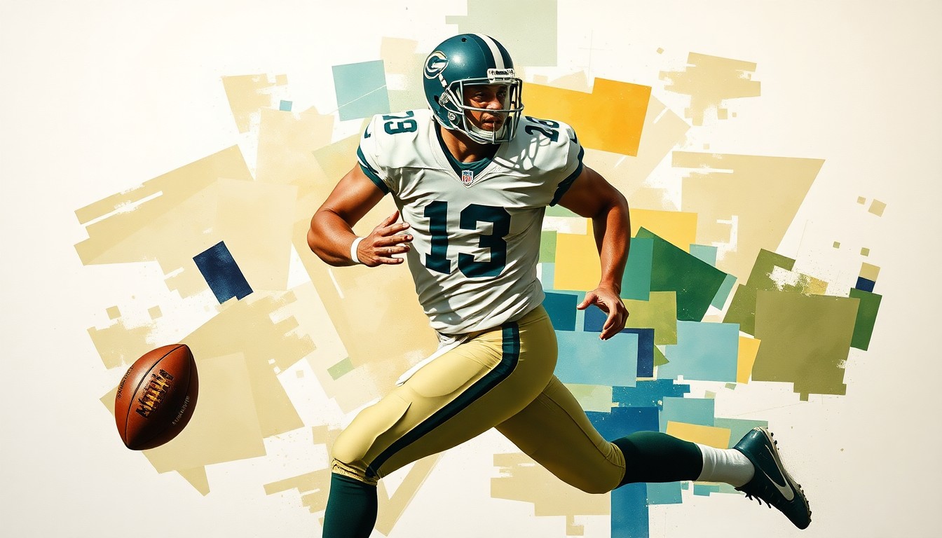 A fragmented, geometric painting depicting a football player in motion, with the player's body and uniform broken down into sharp, overlapping planes of color, capturing the dynamic energy of the sport.