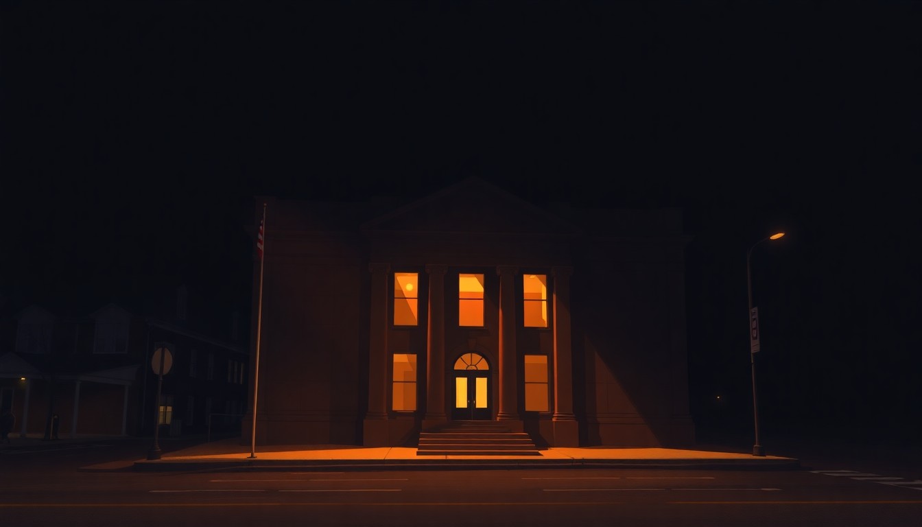 A serene, photorealistic painting of a stately government building in Norfolk, Virginia, with warm sunlight casting long shadows across the facade, conveying a sense of civic pride and optimism.