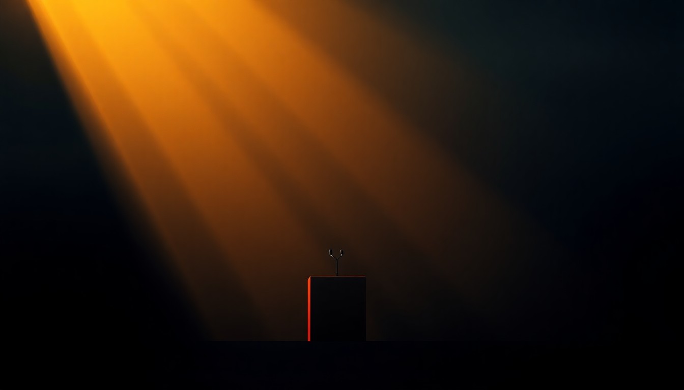 A dimly lit, cinematic painting of a lone campaign sign or podium on a city street, with warm sunlight casting deep shadows across the scene, conveying a sense of political transition and change.