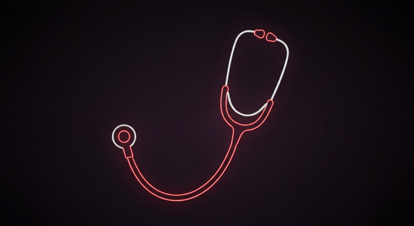 A minimalist design in the style of Keith Haring where the outline of a stethoscope is defined entirely by vibrant neon lines against a dark background, conceptually representing the blend of advanced medical technology and human care.