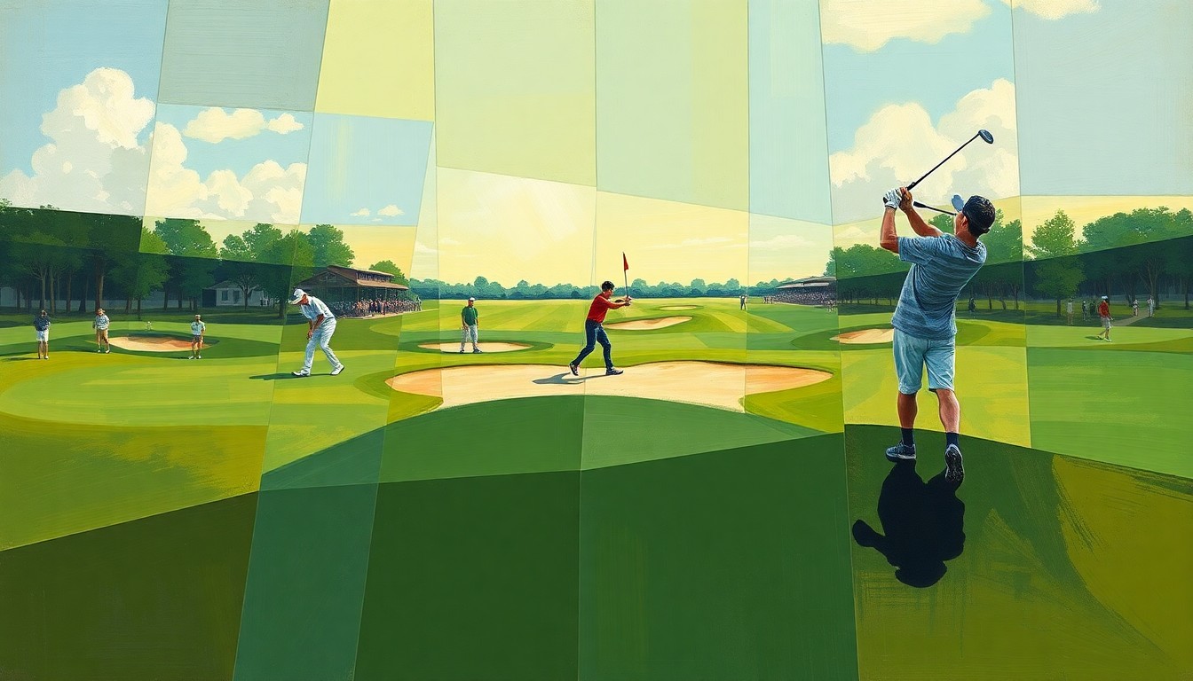 A cubist, geometric painting depicting a high school golf tournament, with overlapping planes of green fairways, sand traps, and golfers in motion, captured in an abstract, deconstructed style.