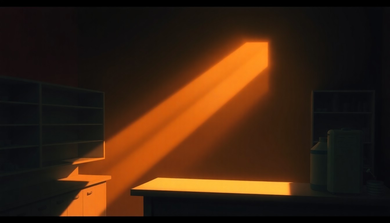 A dimly lit, cinematic painting of a solitary pharmacy counter or medicine cabinet, with warm sunlight streaming in through a window and deep shadows casting across the scene, conveying a sense of quiet contemplation around the issue of high prescription drug prices.