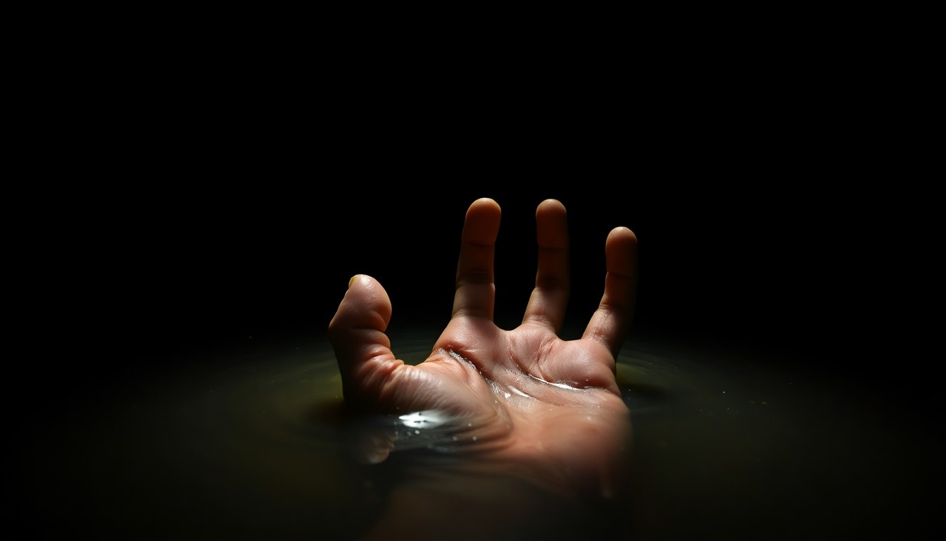 An extreme close-up of a decomposed human hand partially submerged in murky water, the harsh flash illuminating the skin's texture and the murkiness of the water, conceptually illustrating the disturbing nature of the crime scene discovery.