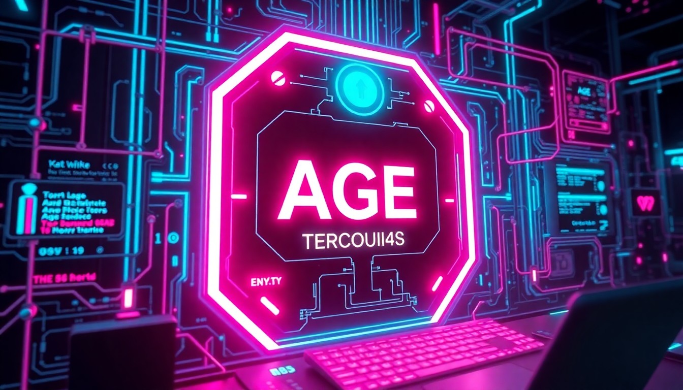 A highly detailed, glowing 3D illustration of a futuristic age verification system, with neon cyan and magenta lights illuminating the complex digital infrastructure, conceptually representing the technical challenges and privacy concerns around mandatory online age checks.