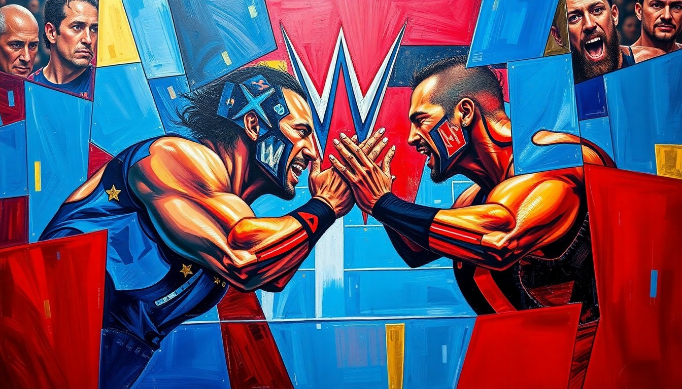 A cubist, geometric painting depicting a chaotic WWE wrestling match, with overlapping planes of color and movement capturing the raw energy of the sport.
