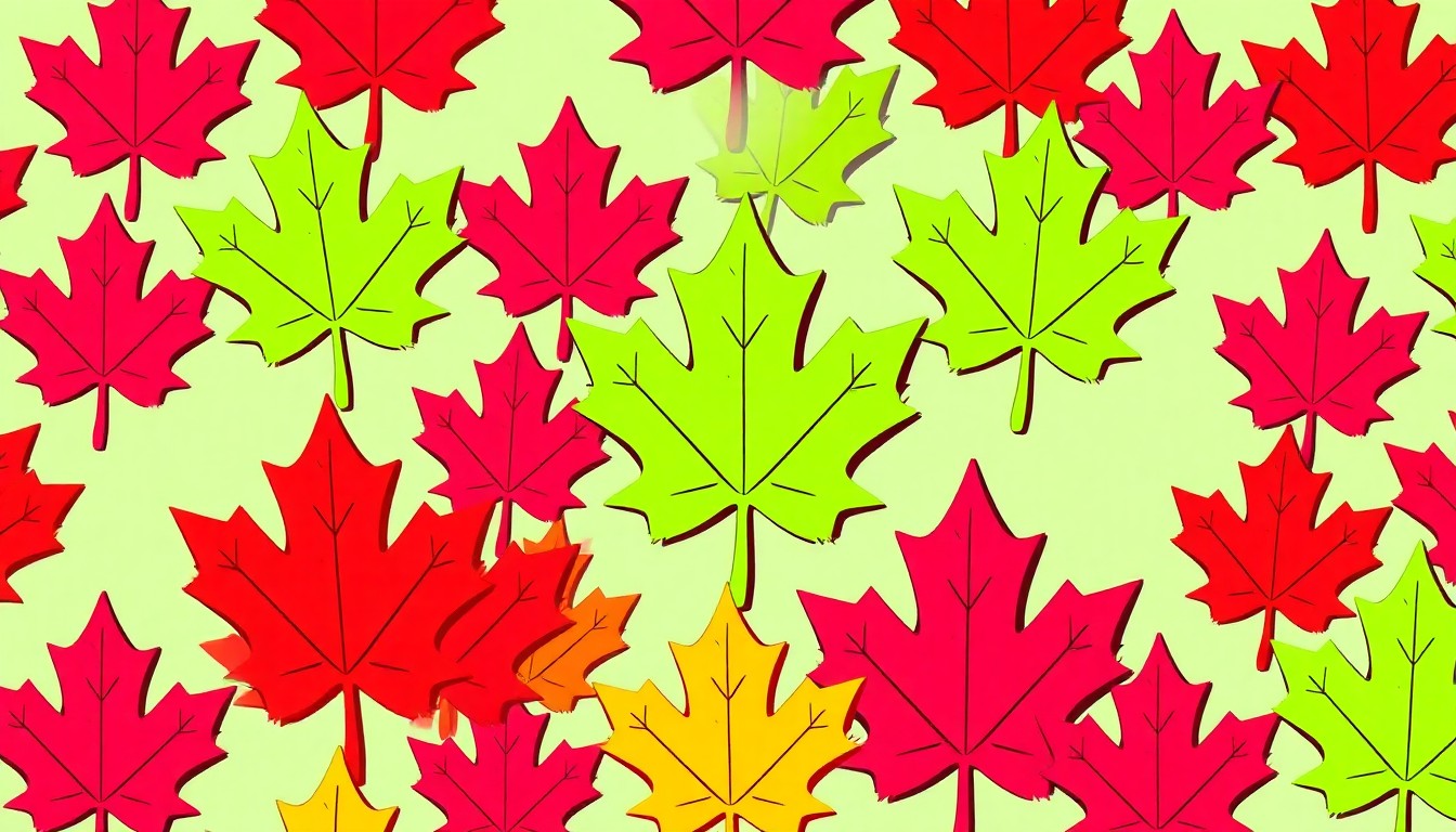 A bold, graphic illustration featuring a repeating pattern of stylized maple leaf shapes in vibrant shades of red, orange, and yellow, capturing the energy and creativity of the Maplefest community event.