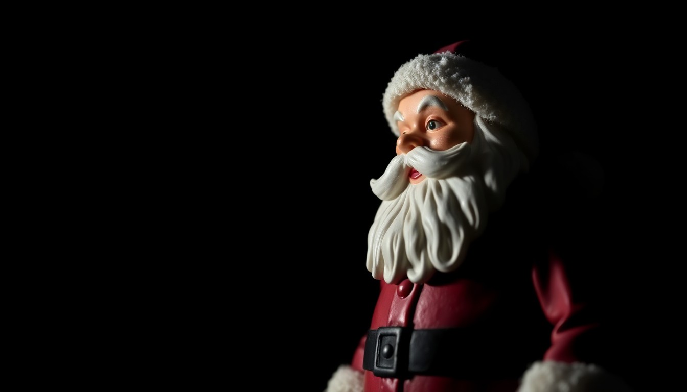 An extreme close-up photograph of a Santa Claus figurine or holiday-themed object, lit by a harsh, direct camera flash against a pitch-black background, creating a stark, gritty, investigative aesthetic without depicting any violence or victims.